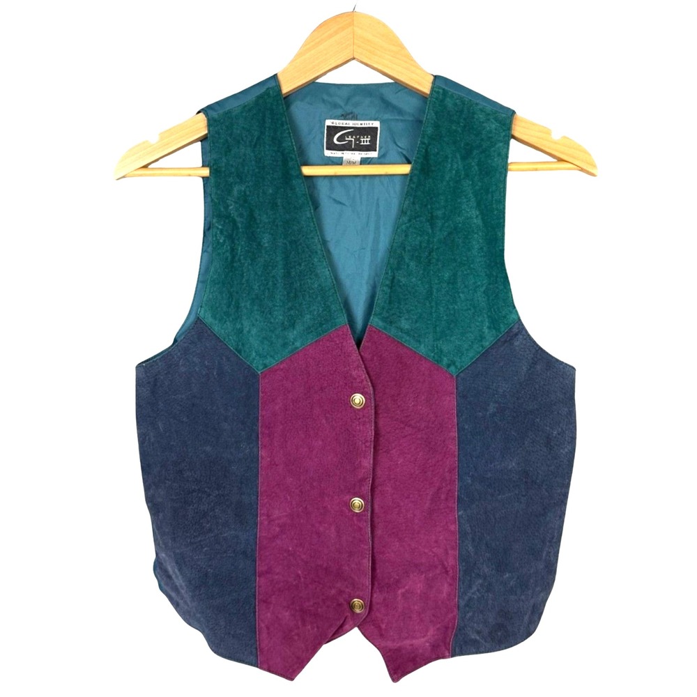 G-III Leather Vest Womens Medium Colorblock Suede Teal Purple Blue Vintage 90s